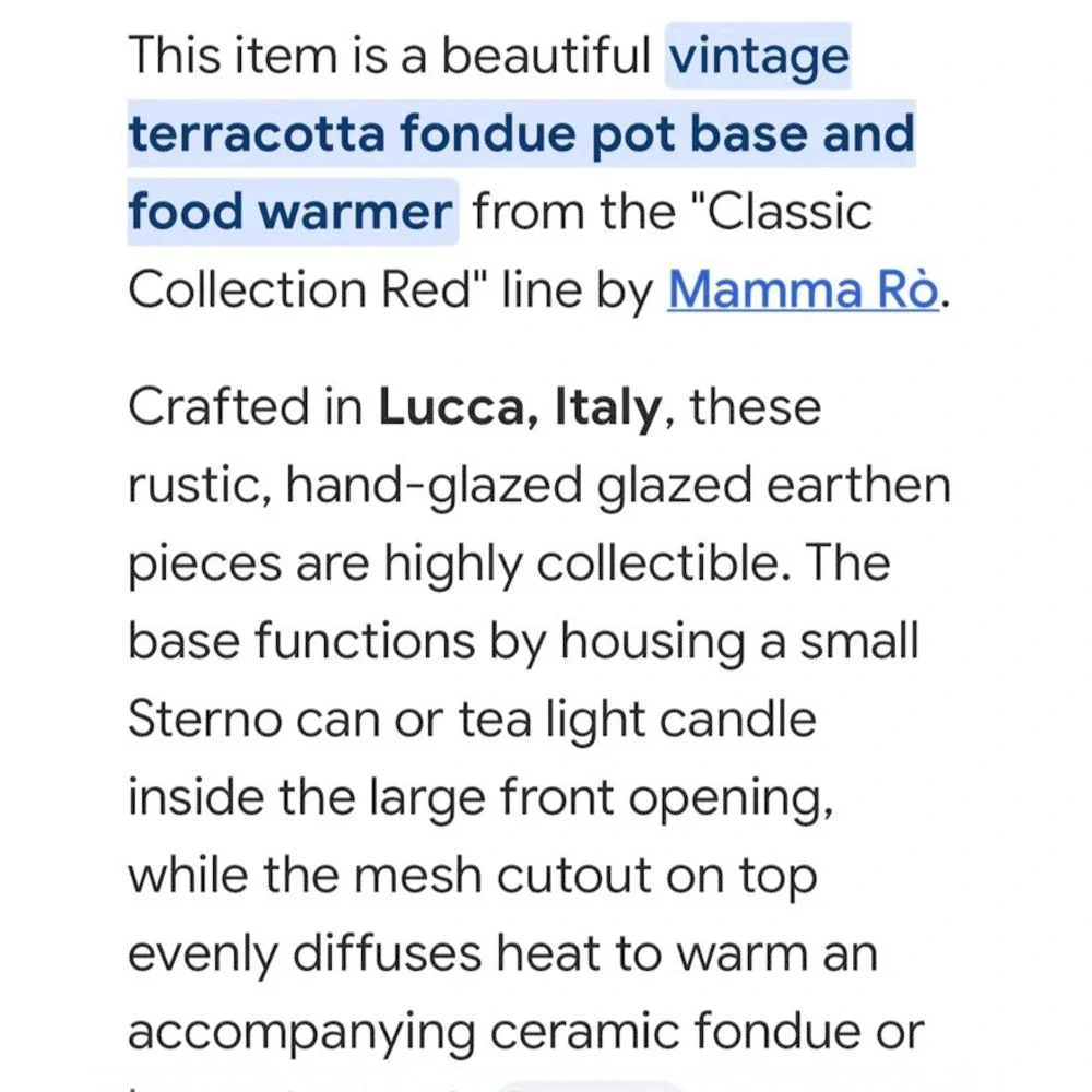 Mamma Ro Italy Terracotta Fondue Pot warmer Base Red Glazed Pottery Rechaud 9